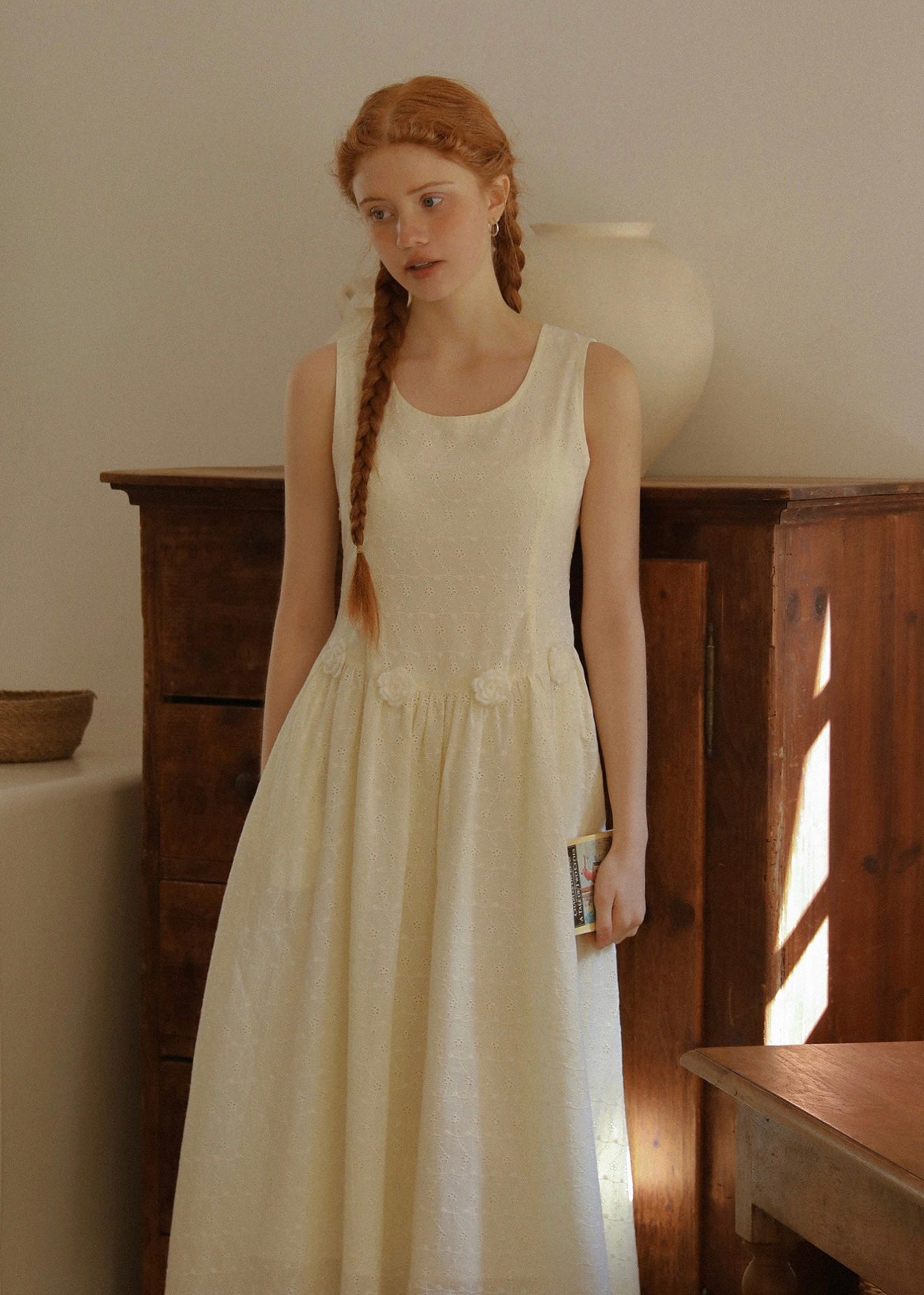 Warm Ivory Textured Sleeveless A-Line Dress