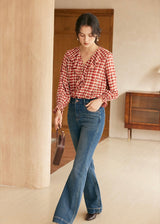 Rosie Ruffle Blouse | Vintage Red Gingham Floral Embroidered Top