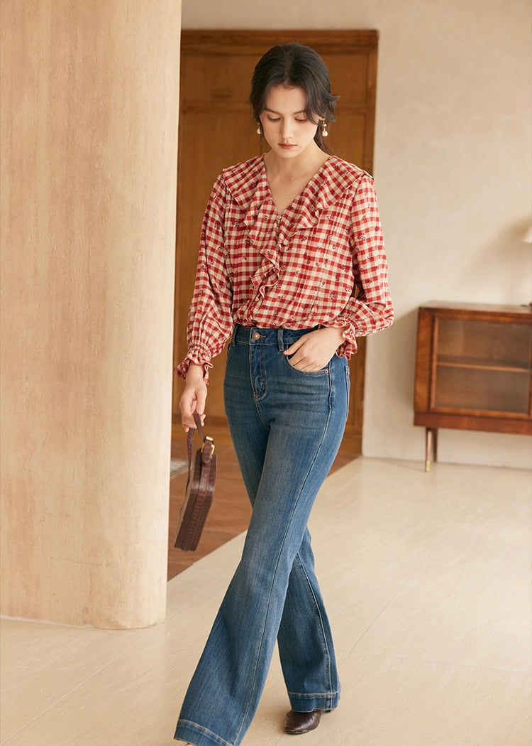 Rosie Ruffle Blouse | Vintage Red Gingham Floral Embroidered Top