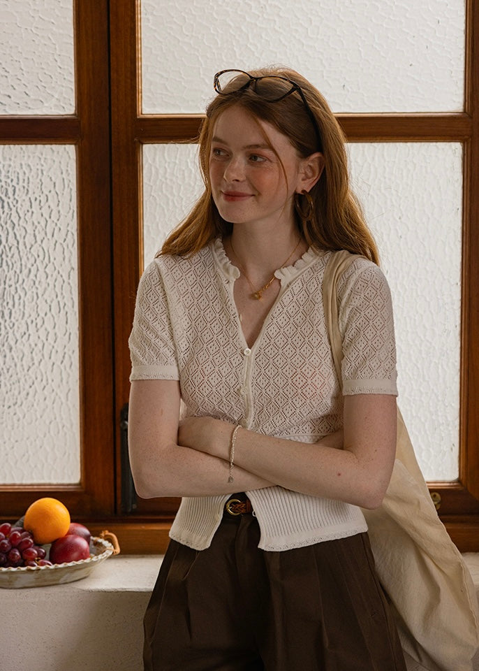 April Lace Knit Blouse | Romantic White Crochet Cotton Cardigan Top(2COLOR)