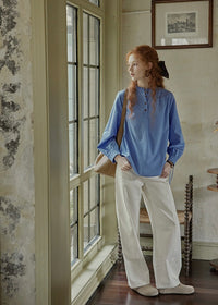 Vintage Blue Stand Collar Long Sleeve Blouse