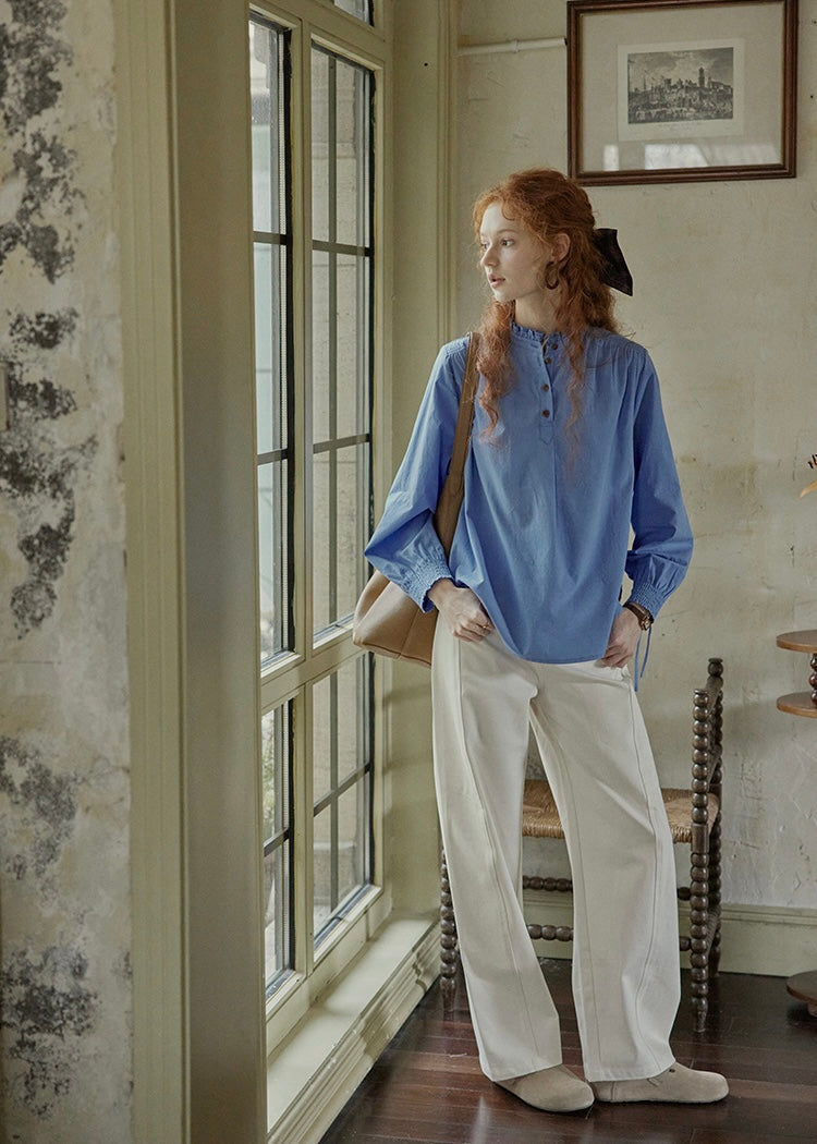 Vintage Blue Stand Collar Long Sleeve Blouse