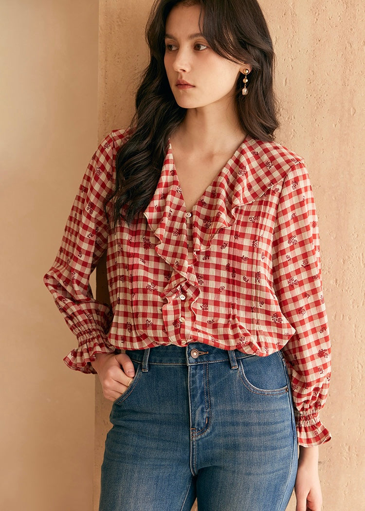 Rosie Ruffle Blouse | Vintage Red Gingham Floral Embroidered Top