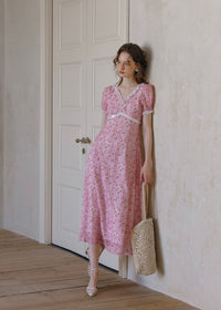 Strawberry Picnic Pink Gingham Floral Lace Dress