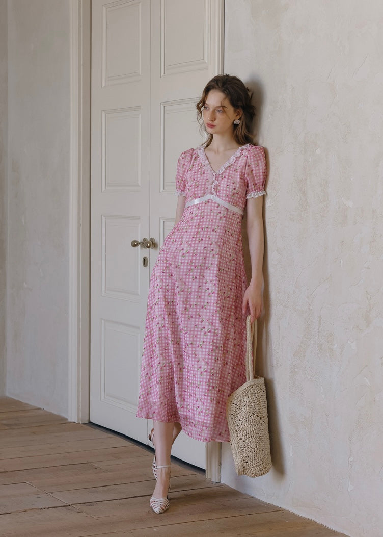 Strawberry Picnic Pink Gingham Floral Lace Dress
