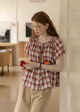 Cherry Plaid Ruffle Blouse | Vintage Red Gingham Short Sleeve Top