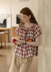 Cherry Plaid Ruffle Blouse | Vintage Red Gingham Short Sleeve Top