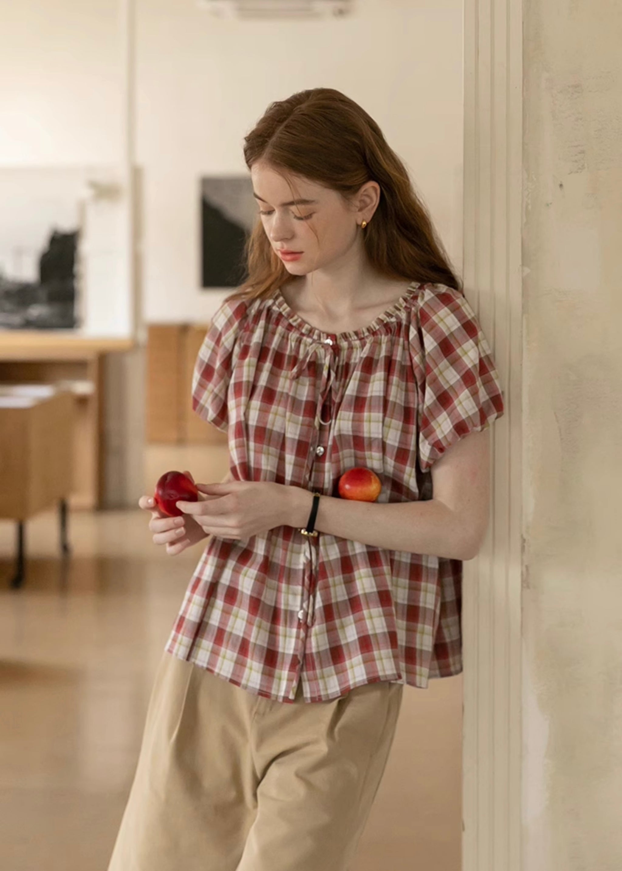 Cherry Plaid Ruffle Blouse | Vintage Red Gingham Short Sleeve Top