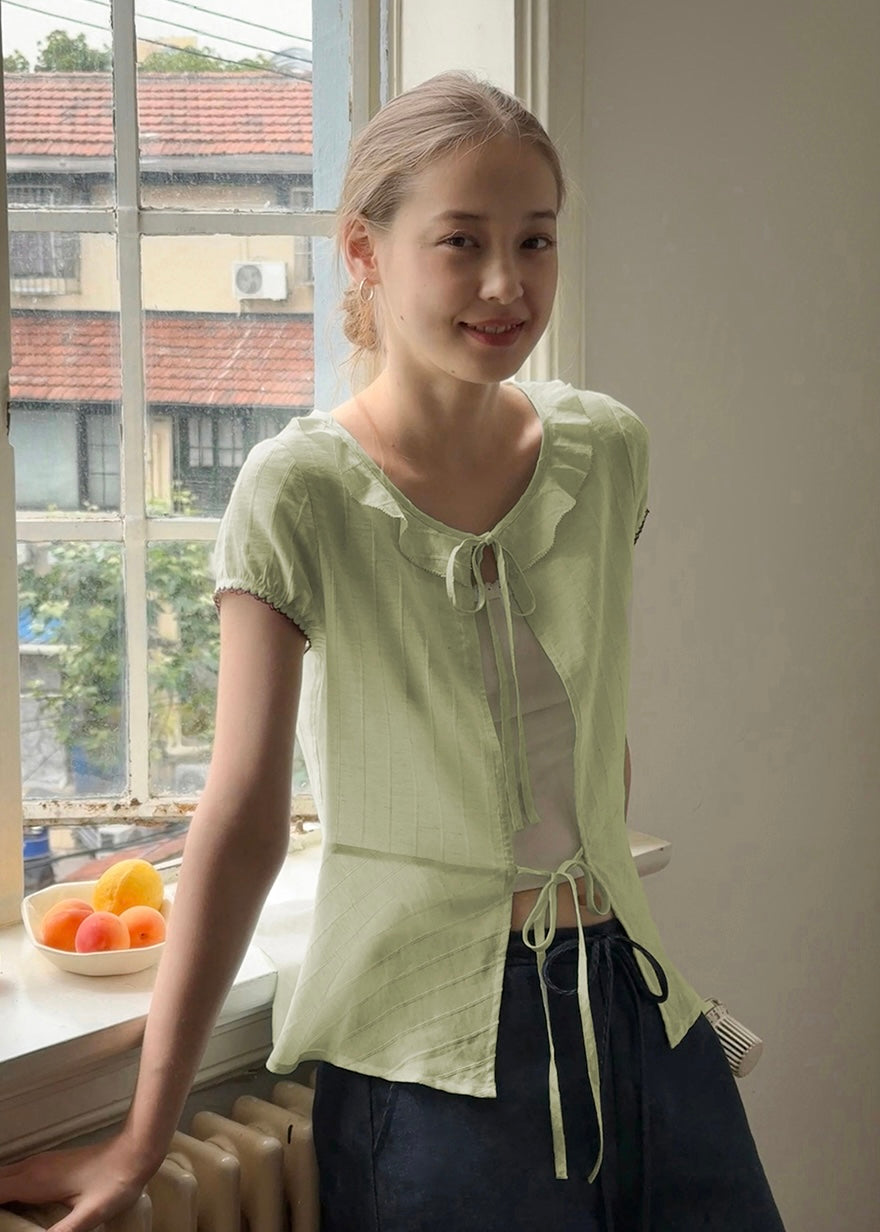 Celery Whisper Blouse | Soft Green Romantic Tie Blouse
