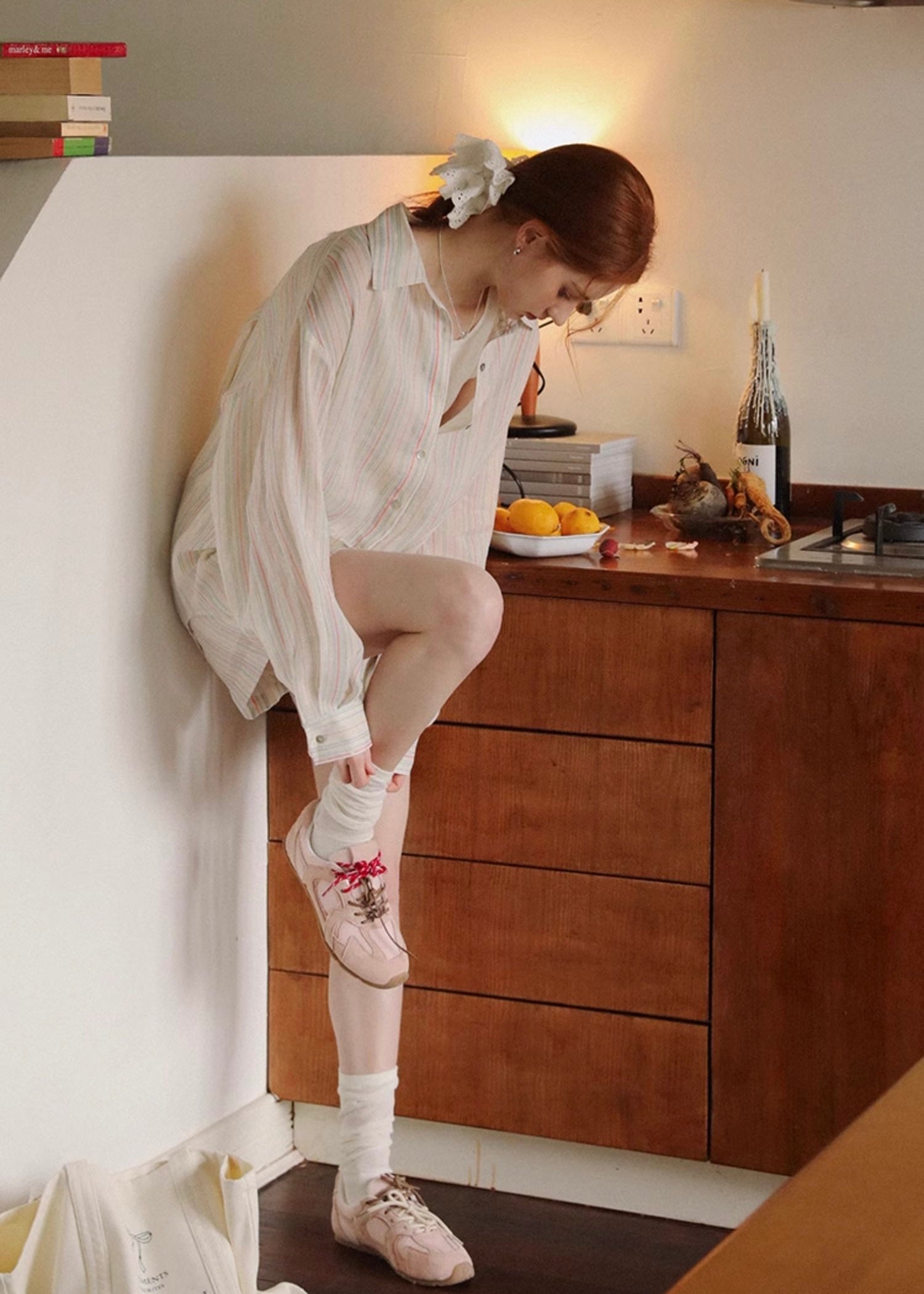 Morning Haze Soft Stripe Set | Pastel Vintage Shirt & Shorts Outfit