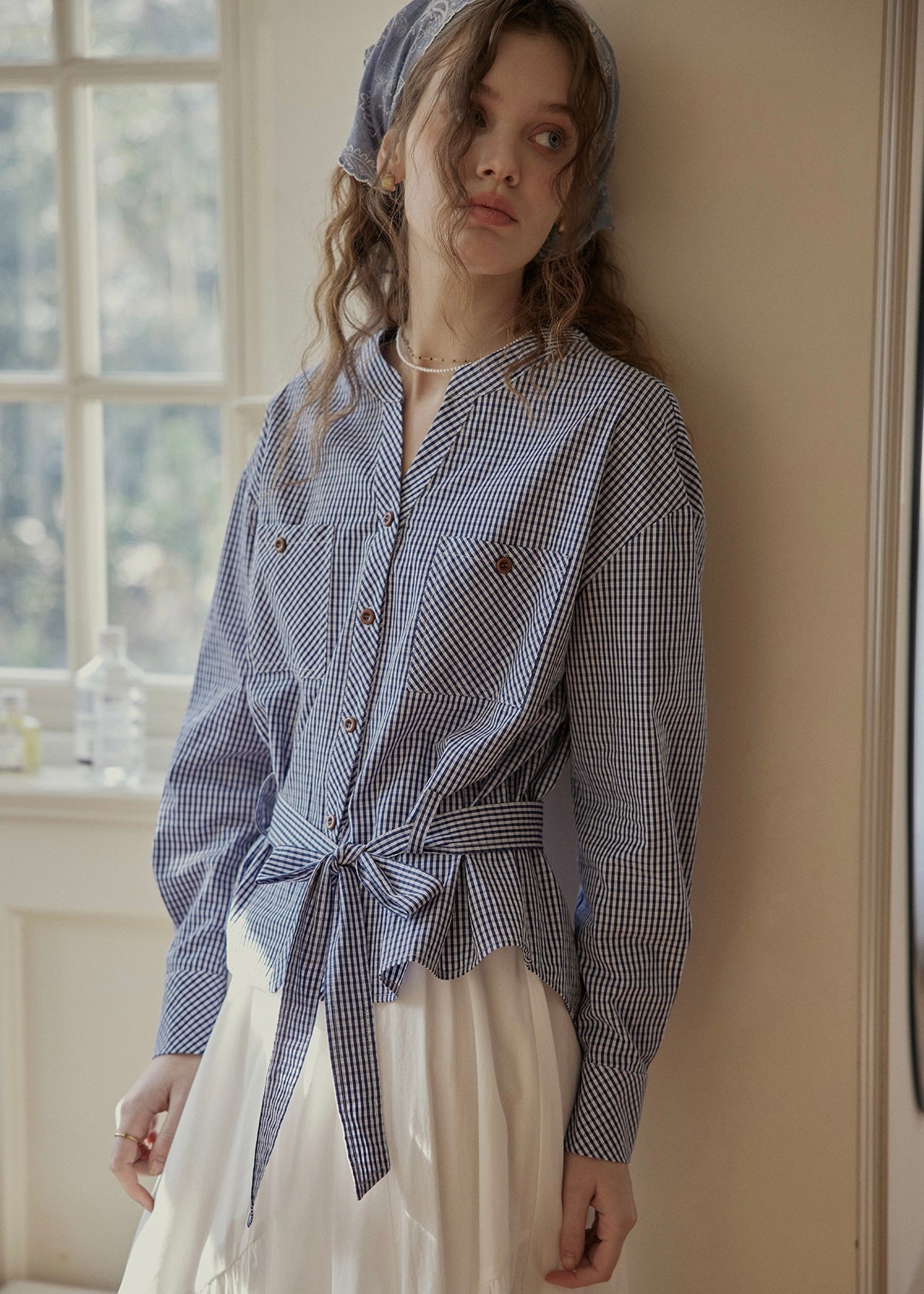 Blue Letter Gingham Tie-Waist Vintage Blouse
