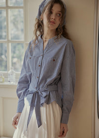 Blue Letter Gingham Tie-Waist Vintage Blouse