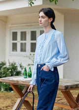 Cloudlight Pin Tuck Blouse | Vintage Blue Long Sleeve Ruffle Shirt