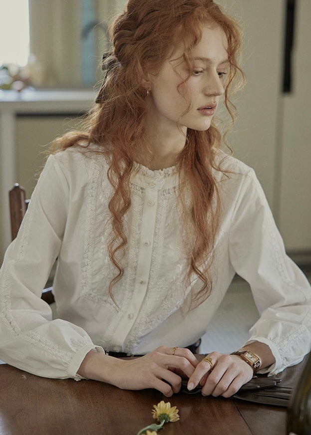 Lace Embroidered French Vintage White Blouse