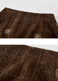Brown Embroidered Suede A-Line Mini Skirt