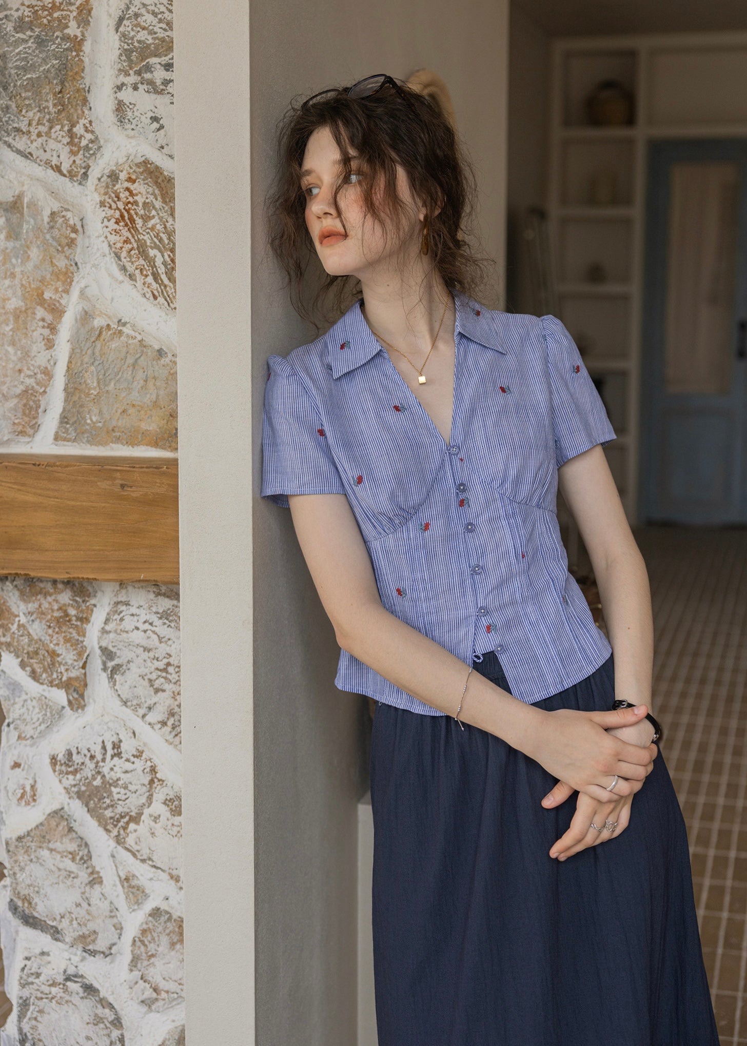 Cherry Stripe Embroidered Vintage Blouse