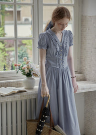 Blue Stripe Button Vintage Short Sleeve Dress