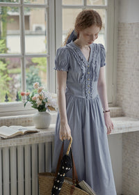 Blue Stripe Button Vintage Short Sleeve Dress