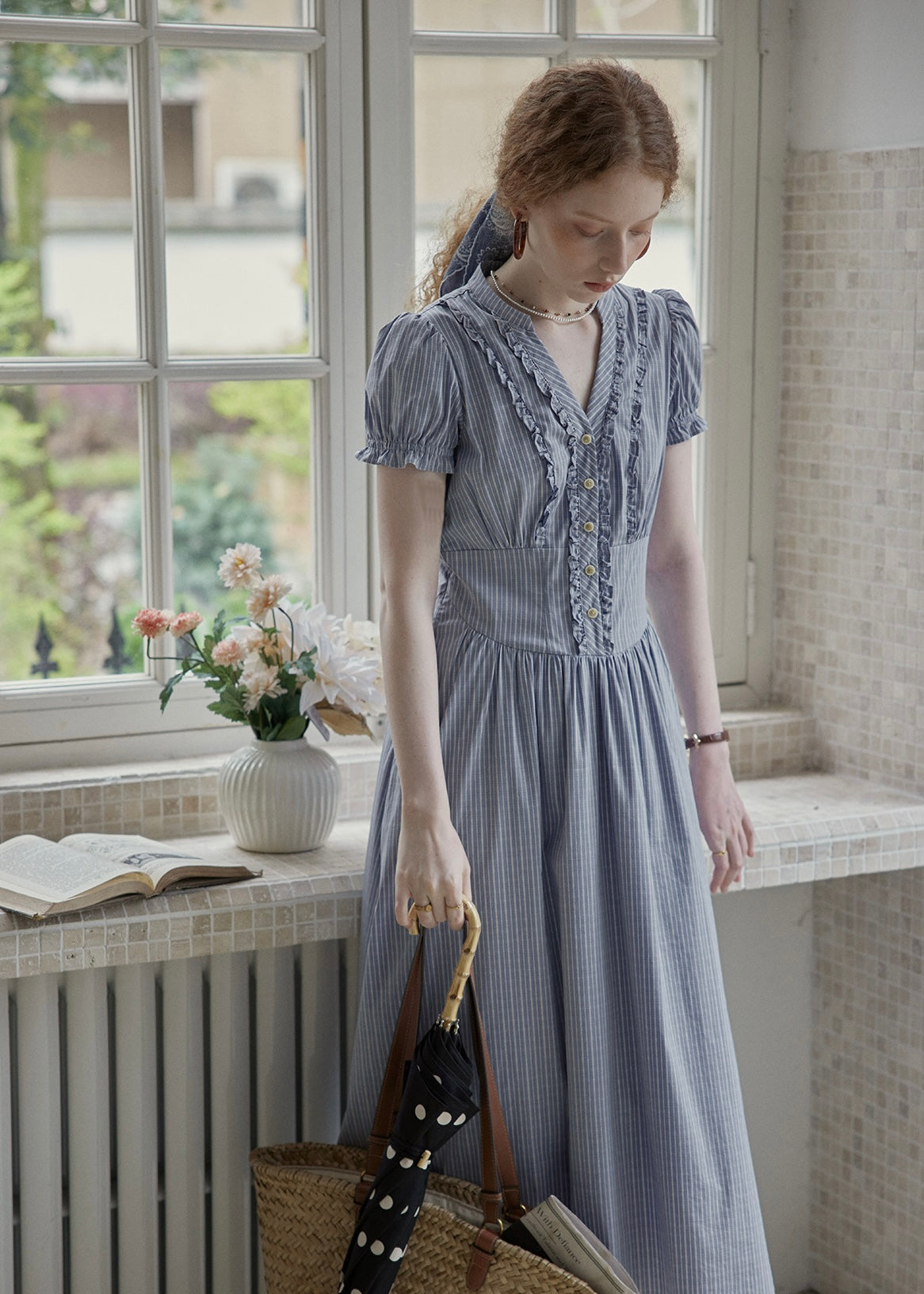 Blue Stripe Button Vintage Short Sleeve Dress