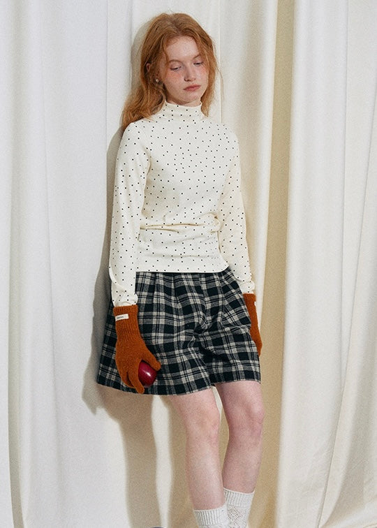 Cream Polka Dot Turtleneck Long Sleeve Top