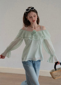 Lumière Mint Off-Shoulder Ruffle Blouse