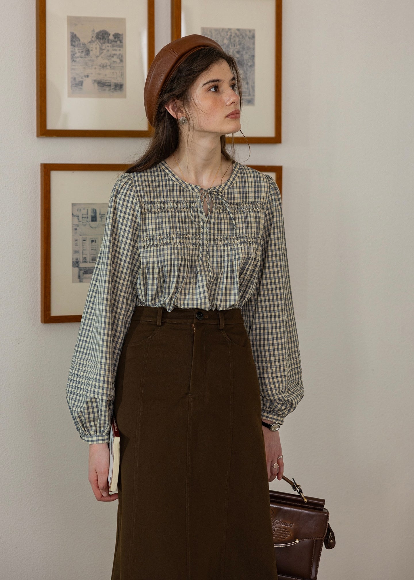 Autumn Pleats Tie Vintage Smocked Long Sleeve Blouse(2COLOR)