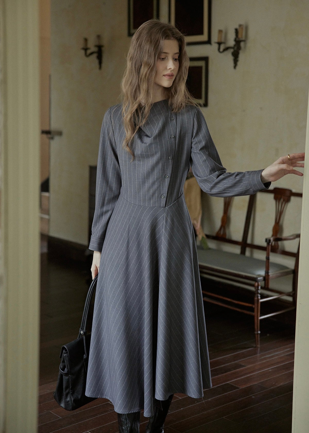 Falling Lines Draped Collar Dress