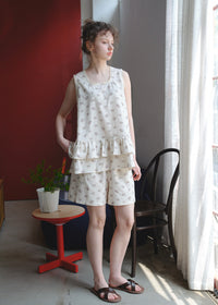 Cream Petaline Cotton Pajama Set Floral Lace Trim Layered Lounge Set