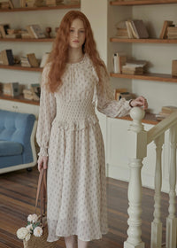 Vintage Floral Smocked Waist Ruffle Neck Long Dress