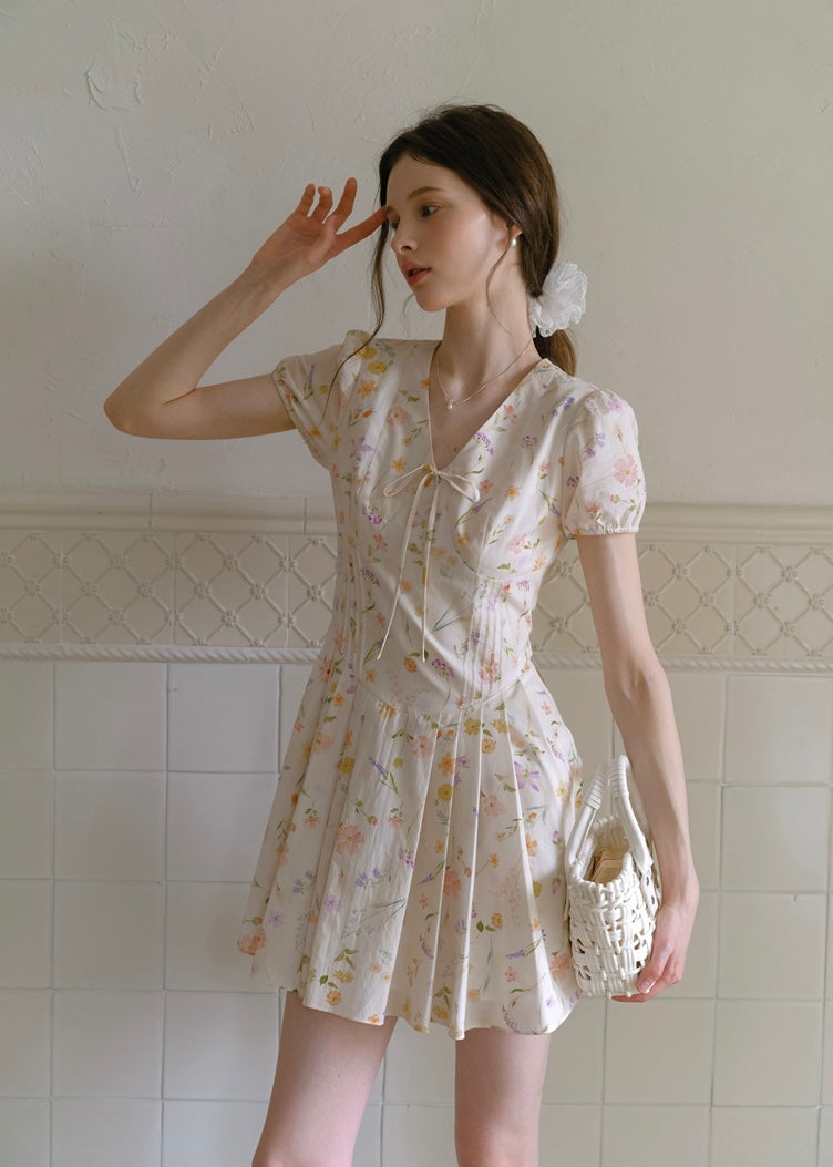 Blossom Ribbon Floral Puff Sleeve Mini Dress