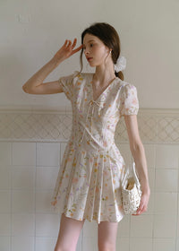 Blossom Ribbon Floral Puff Sleeve Mini Dress