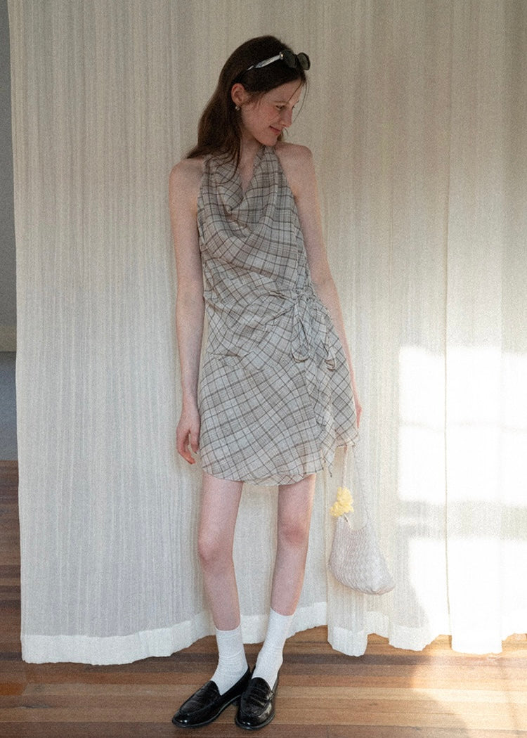 Sable Check Halter Wrap Mini Dress