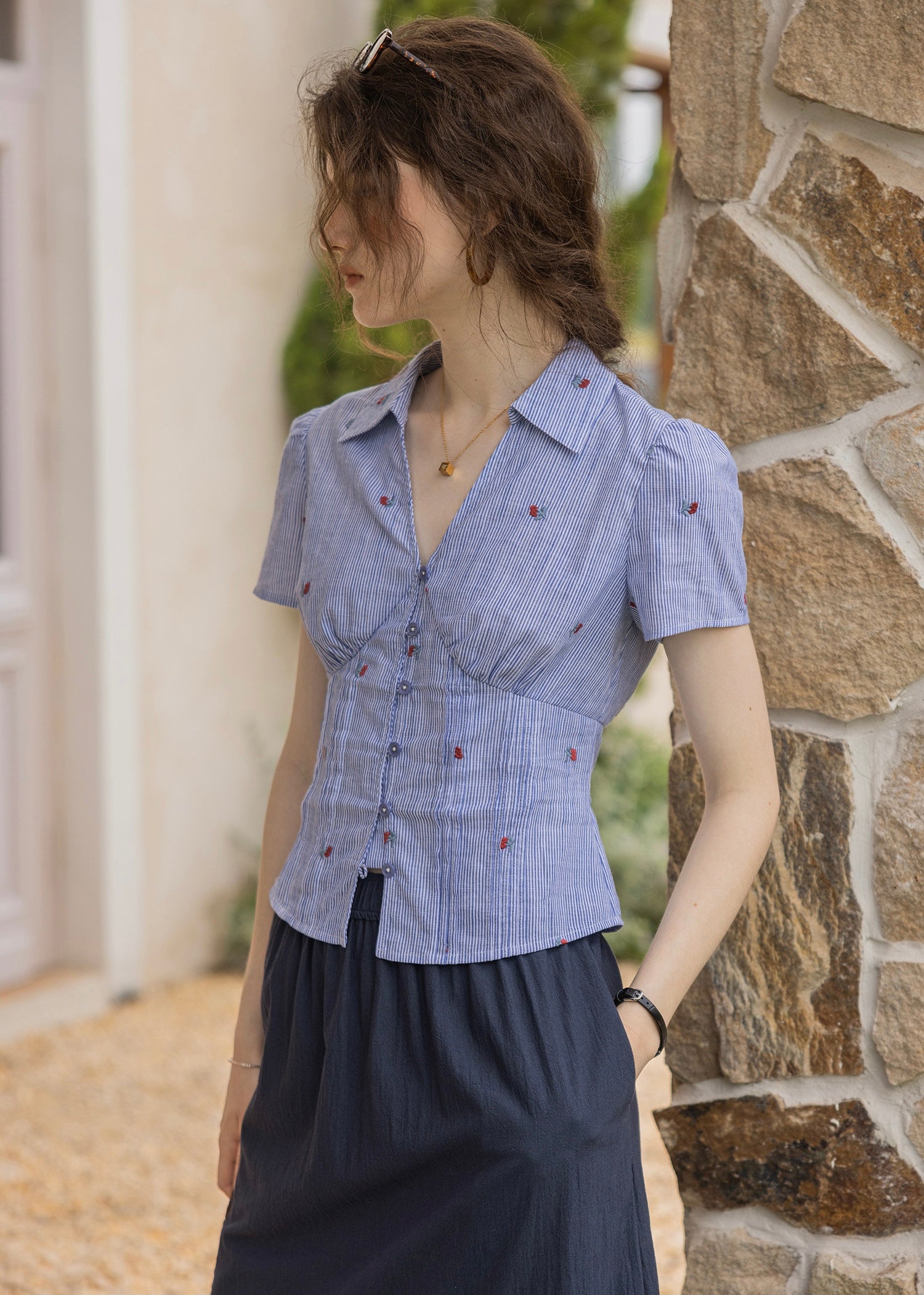 Cherry Stripe Embroidered Vintage Blouse