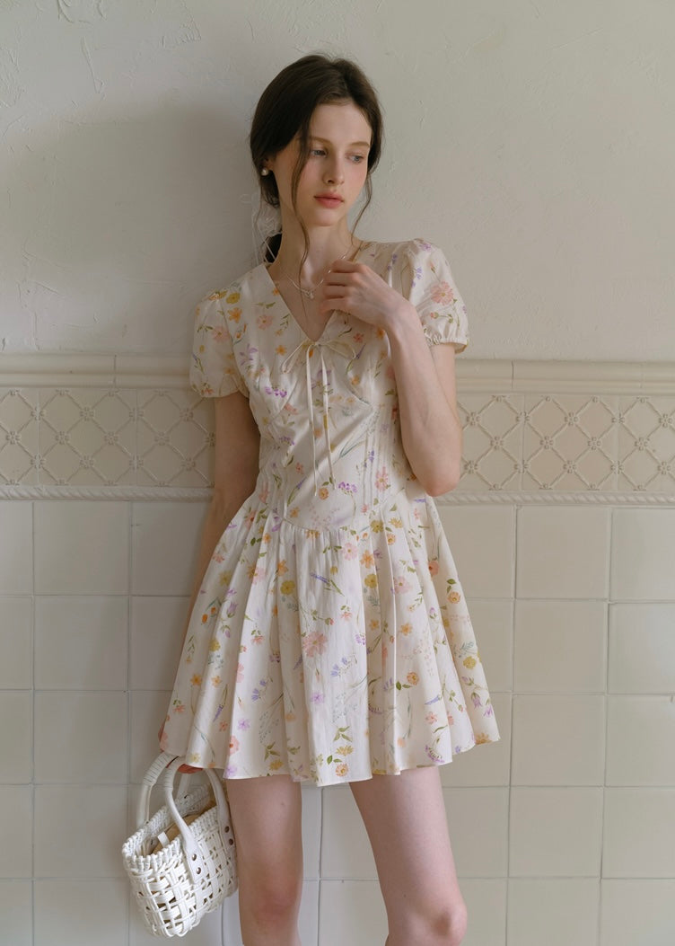 Blossom Ribbon Floral Puff Sleeve Mini Dress