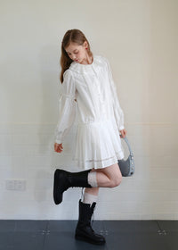White Vintage Doll Collar Ruffle Pintuck Mini Dress