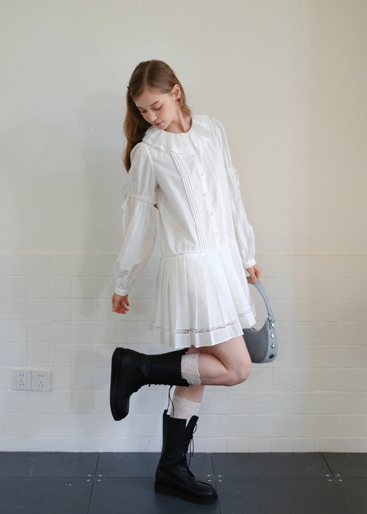 White Vintage Doll Collar Ruffle Pintuck Mini Dress