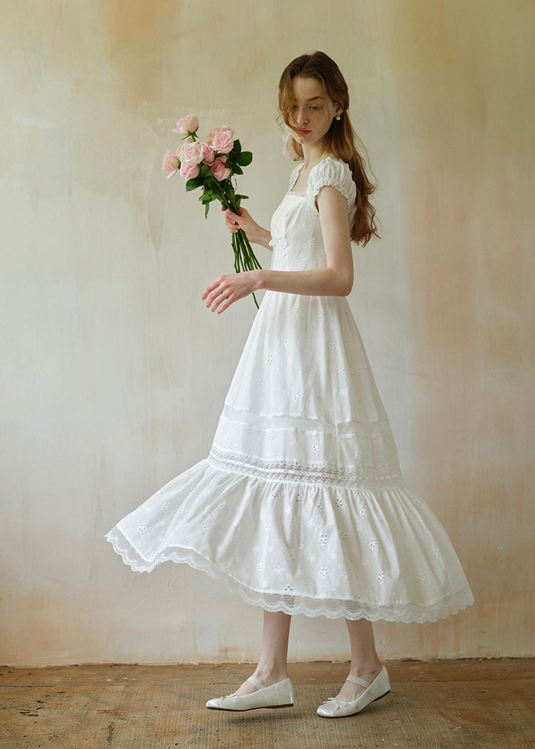 Élise Broderie White Dress | Romantic Lace Cotton Maxi Dress