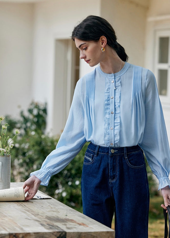 Cloudlight Pin Tuck Blouse | Vintage Blue Long Sleeve Ruffle Shirt