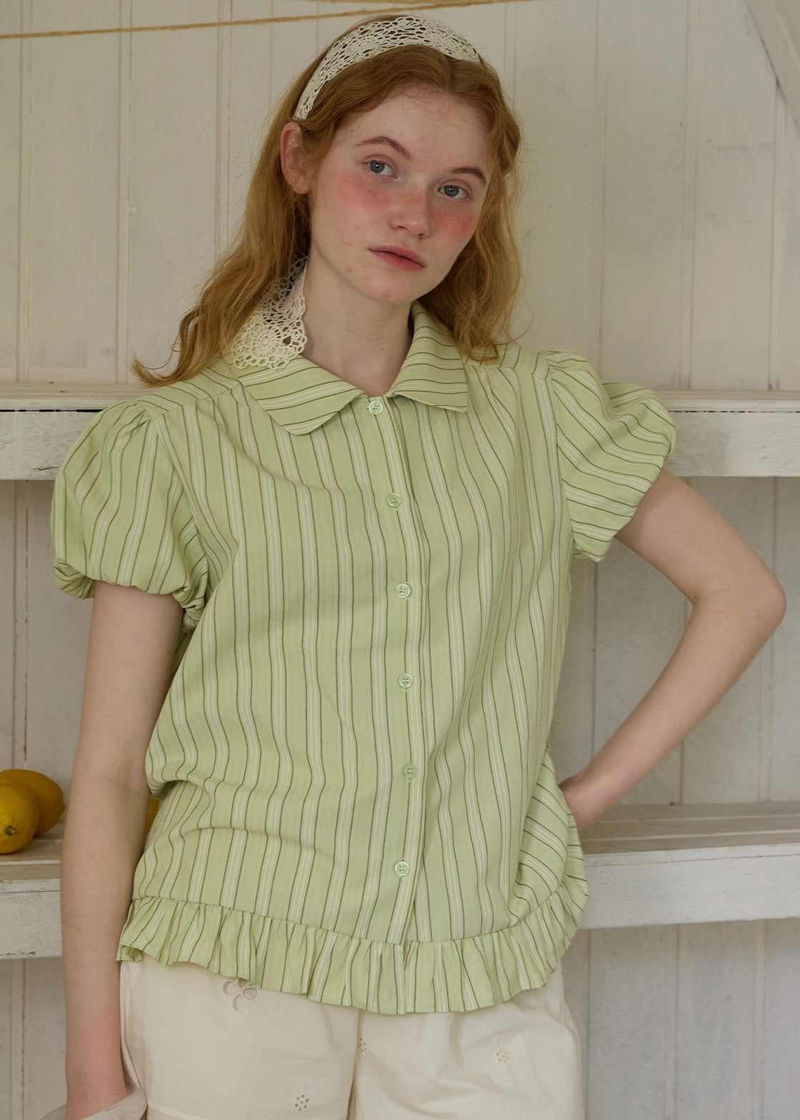 Liora Mint Stripe Puff Sleeve Ruffle Hem Blouse