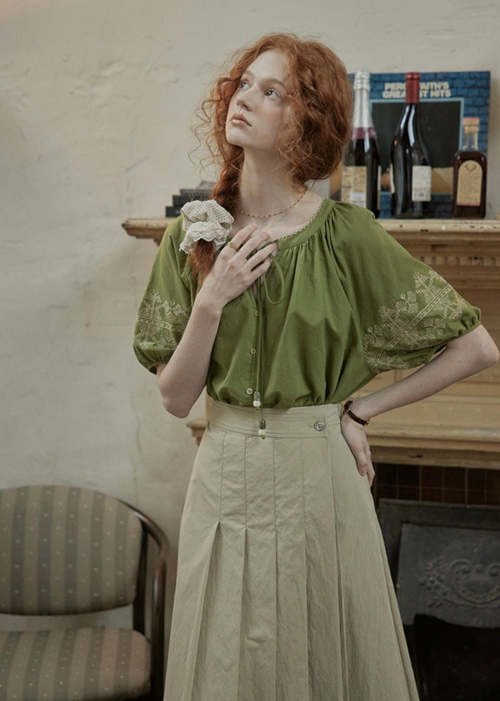 Willow Garden Embroidered Blouse | Romantic Green Cotton Shirt
