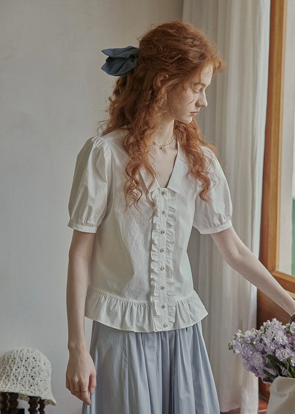 Classic Puff Sleeve Ruffle Button Blouse
