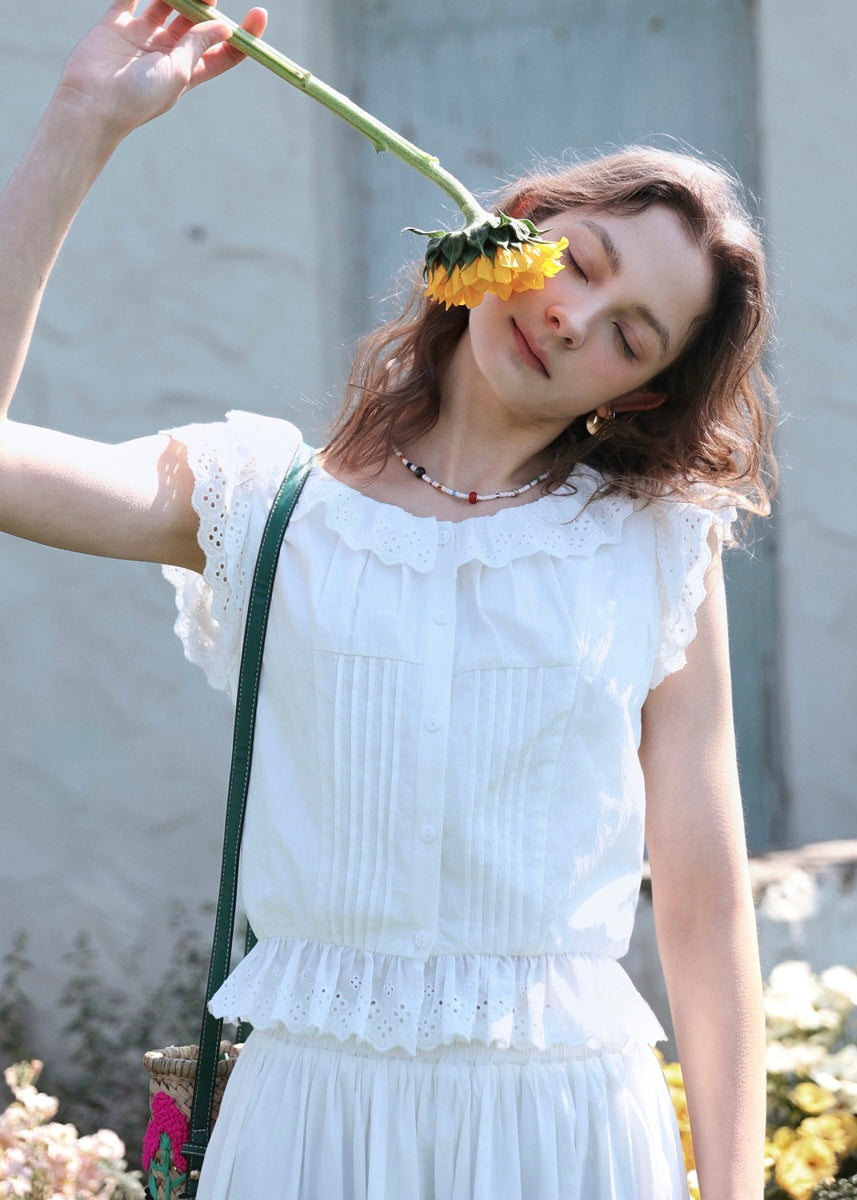 Lucie Ruffle Lace Blouse | Vintage White Cotton Summer Top
