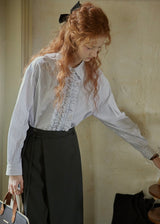 Silent Elegance Ruffle Classic Stripe Long Sleeve Blouse