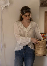 Romantic Ribbon Ruffle Vintage White Blouse