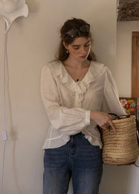 Romantic Ribbon Ruffle Vintage White Blouse