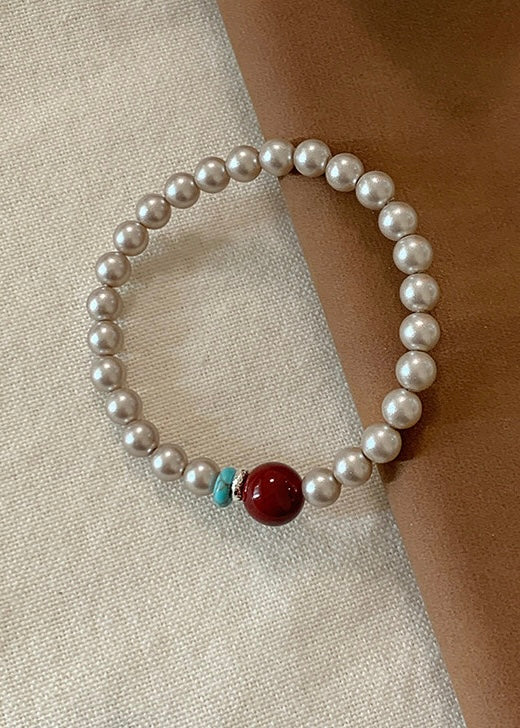 Vintage Pearl Beaded Bracelet with Red Accent