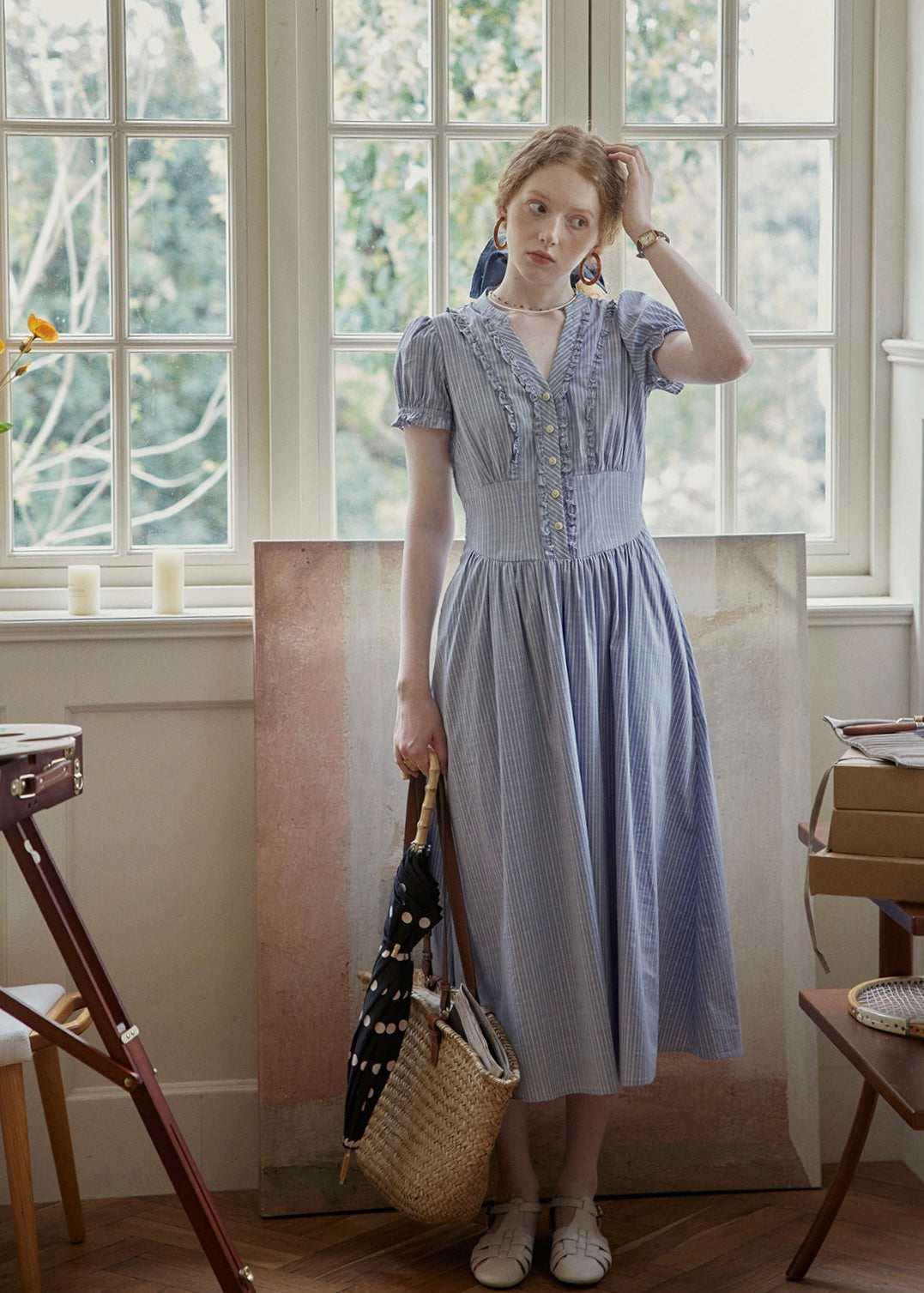 Blue Stripe Button Vintage Short Sleeve Dress