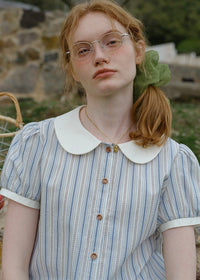 Blue Stripe Peter Pan Collar Puff Sleeve Blouse