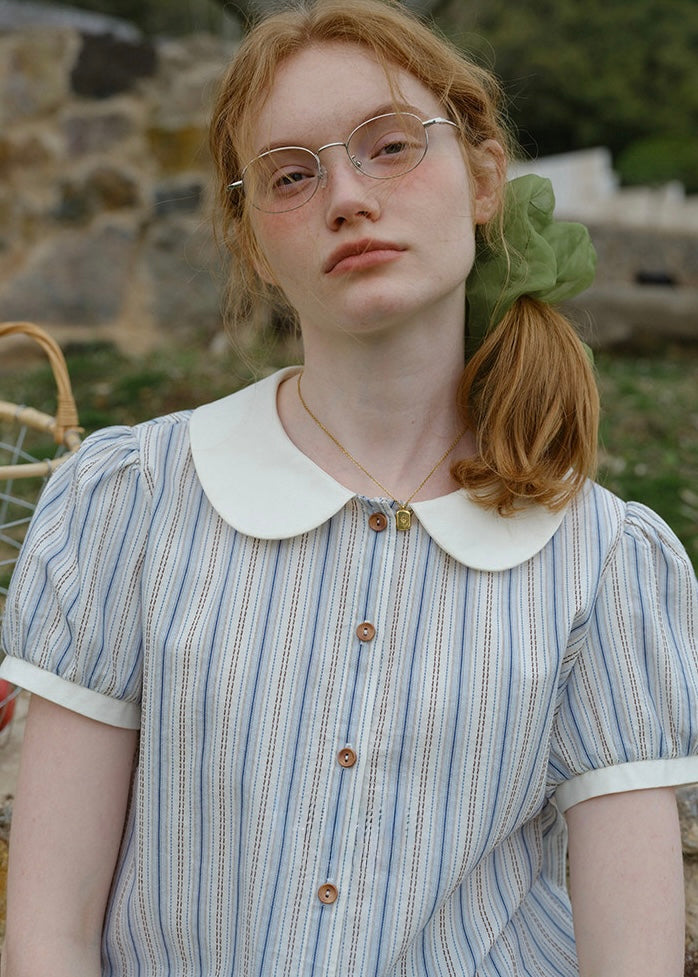 Blue Stripe Peter Pan Collar Puff Sleeve Blouse