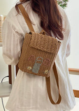 Woven Straw Backpack with Cottage Embroidery
